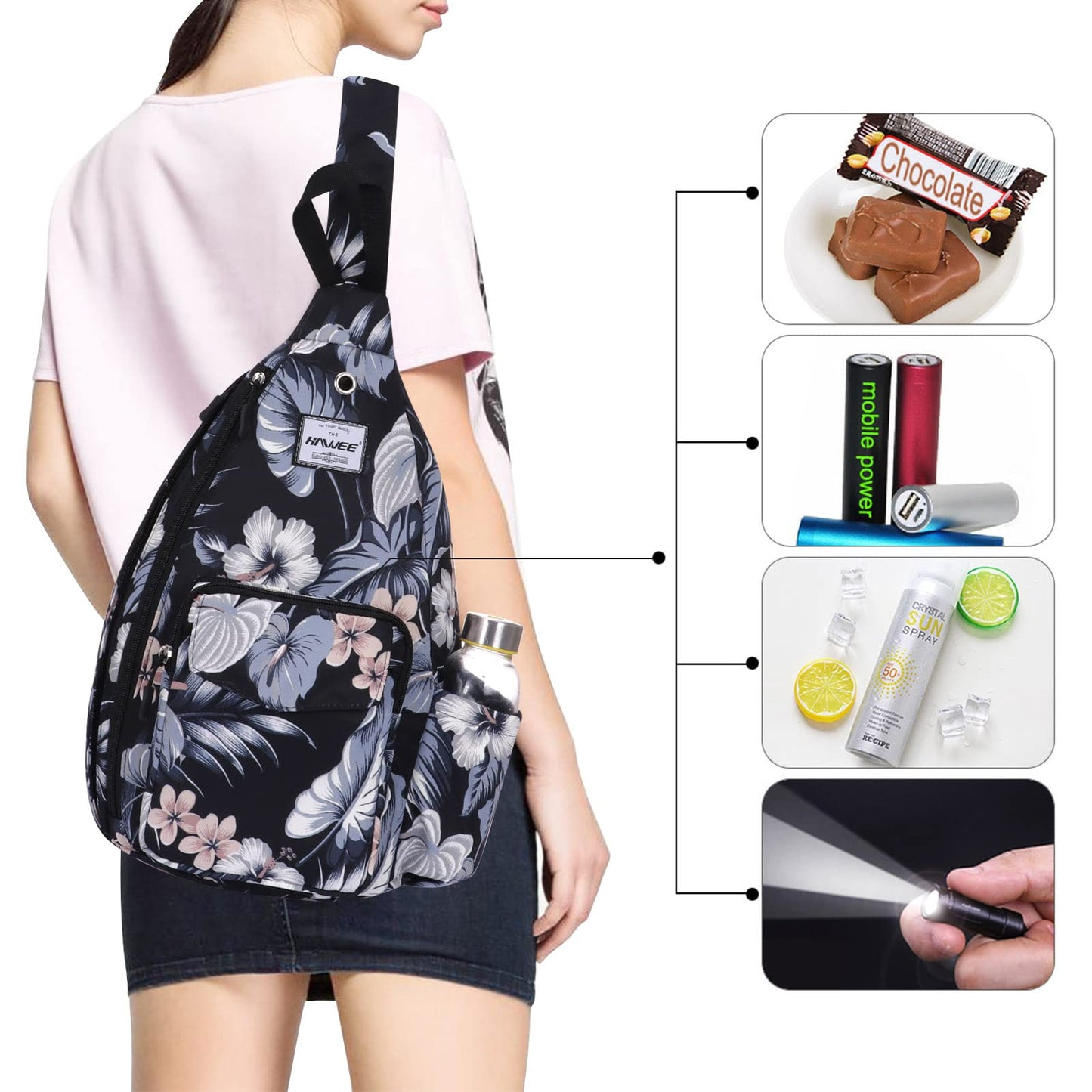 HAWEE Hawaii Flower Crossbody Sling Shoulder Bag Lightweight Waterproof Cloth with Adjustable Strap Earphone Hole, Hibiscus