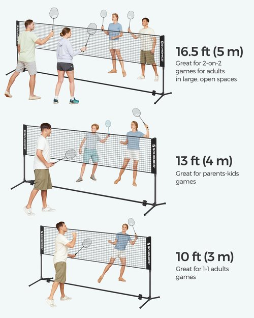 SONGMICS 13 ft Badminton Net, Height Adjustable Volleyball Net, Pickleball Net with Poles, Foldable Nylon Net for Tennis Indoor Outdoor Court, Black USYQ400H