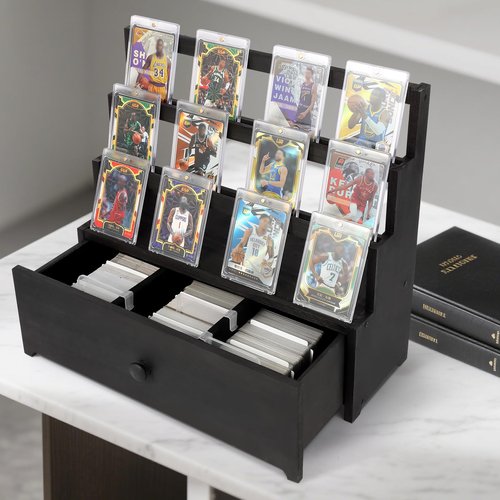 Trading Card Display,Wood Sports Card Display Case with Custom Drawer,Card Supporters and Dividers,3-Tier Graded Card Display for Card Game Collection