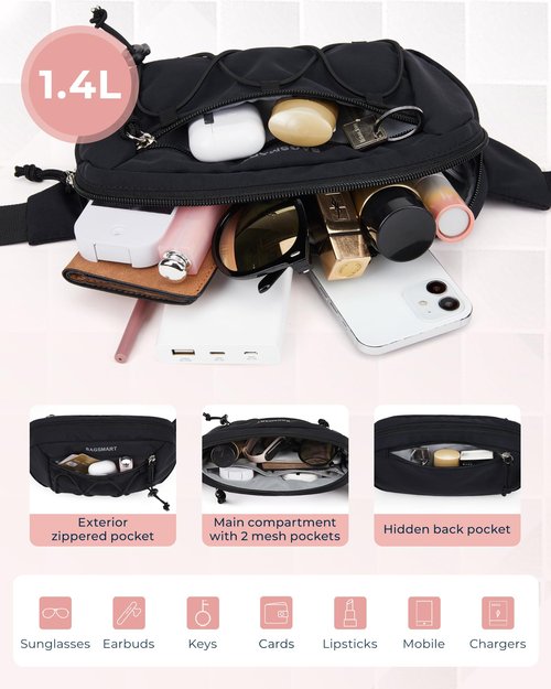 BAGSMART Fanny Packs for Women Small Belt Bag with Adjustable Strap Waist Pack for Running Workout Traveling Hiking, Black