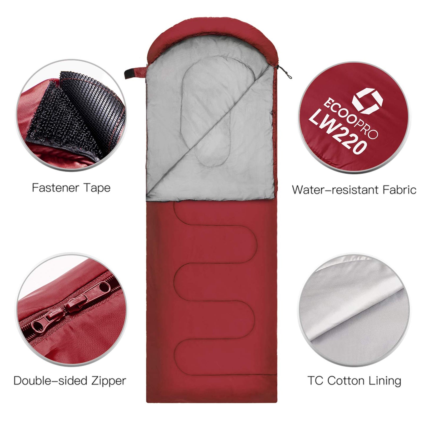 ECOOPRO Warm Weather Sleeping Bag - Portable, Waterproof, Compact Lightweight, Comfort with Compression Sack - Great for Outdoor Camping, Backpacking & Hiking - 83 L x 30 W Fits Adults (G-Wine Red)