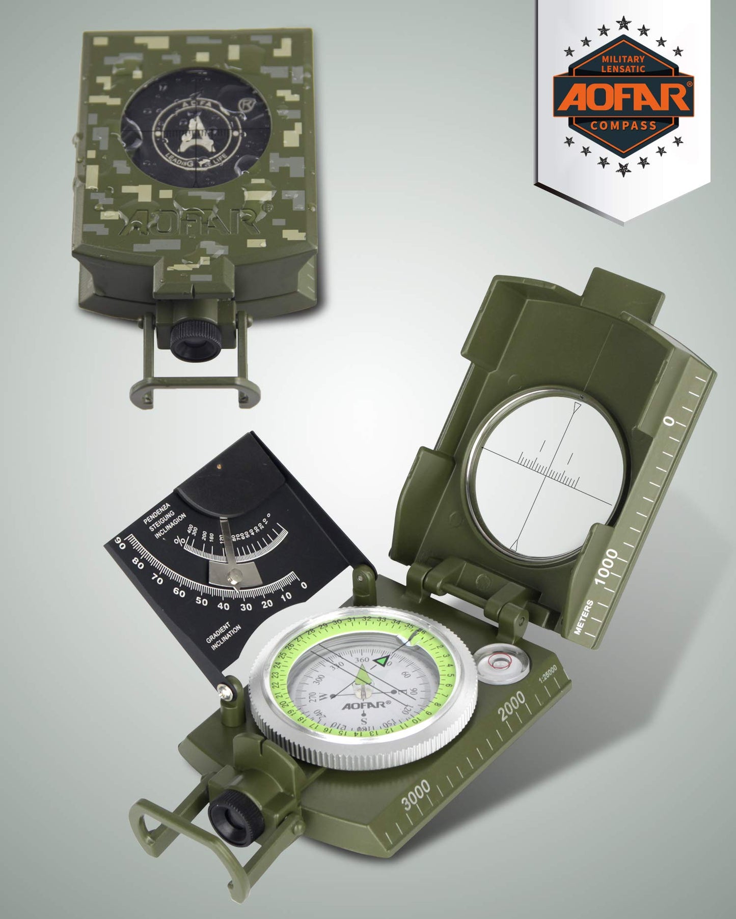 AOFAR AF-4074 Military Compass Lensatic Sighting-Multifunctional, Fluorescent, Waterproof and Shakeproof with Inclinometer and Carrying Bag for Camping, Hiking, Hunting