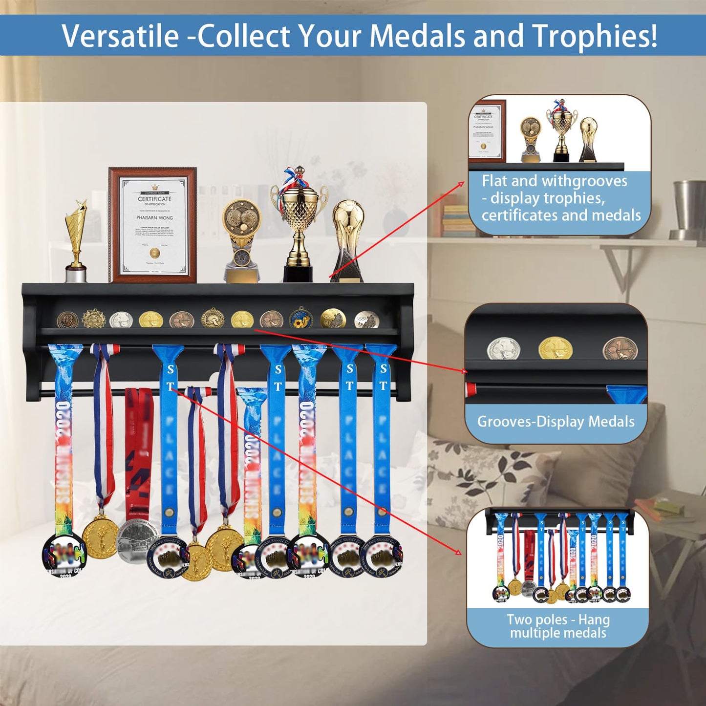 IHEIPYE Solid Wood Medal Hanger Display Shelf, Wall Mount Medal Rack Display Holder for Runners, Marathon, Race Winner, Soccer, Football, Gymnastics & All Sports - Black