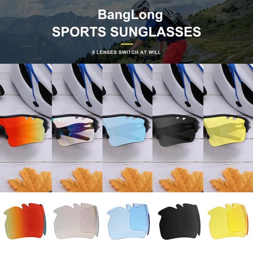 BangLong Polarized Sports Sunglasses Cycling Sun Glasses for Men Women with 5 Interchangeable Lenes for Running Baseball Golf