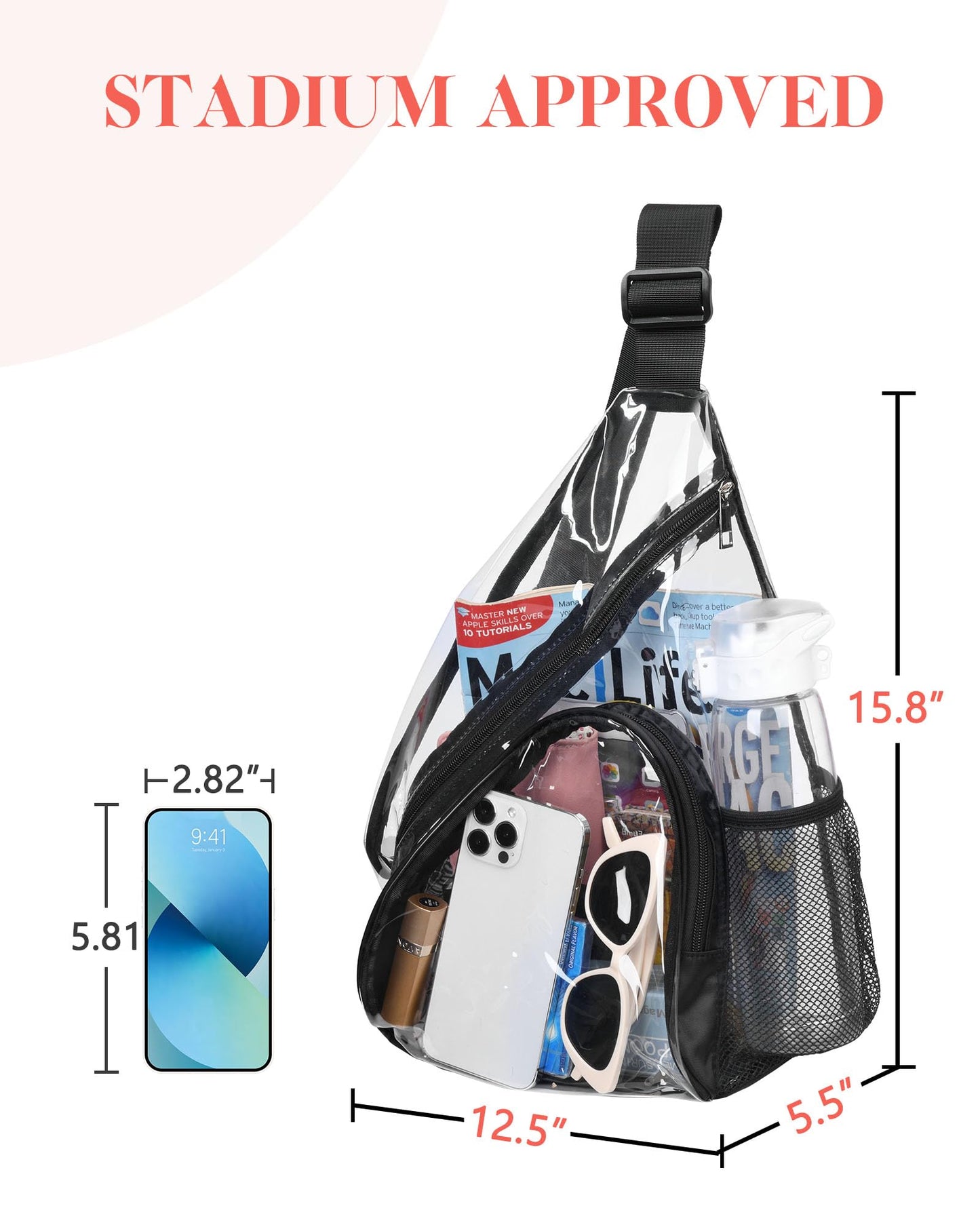 HULISEN Clear Sling Bag, Clear Bag Stadium Approved, Transparent Shoulder Crossbody Backpack Chest Casual Daypack