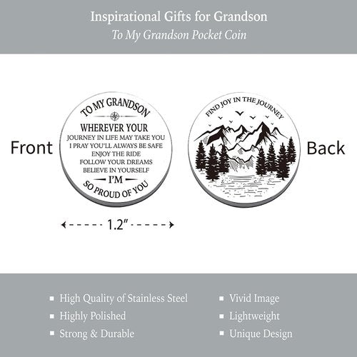 Grandson Gifts from Grandma Grandpa, Go Confidently Pocket Compass Engraved Black, to My Grandson Pocket Token, Inspirational Keepsake Gifts Ideas for Grandson Birthday Graduation Christmas