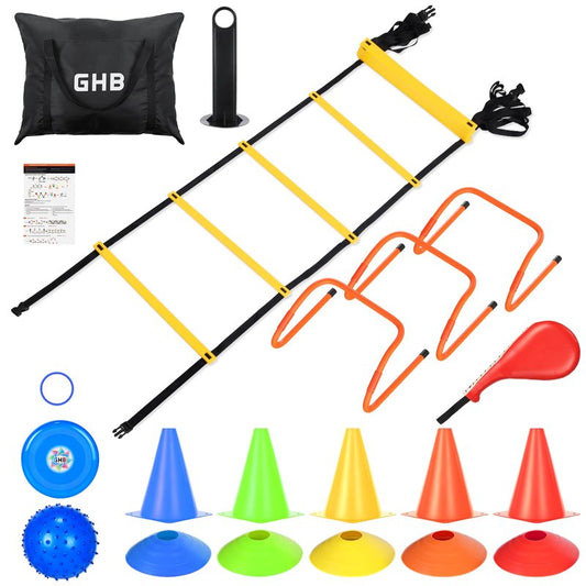 GHB Agility Ladder,Football Agility Training Equipment Set,3 Agility Hurdles,20 feet 12 Rungs Speed Ladder 5 Discs 5 Cones Target pad Bounce Balls ect for Football Basketball Workout Training