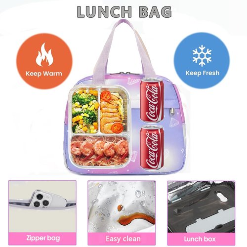 HuiLeo Kids Backpack for Girls Cute School backpack with Lunch Box Kawaii Book Bag Set for Primary Elementary School,Purple