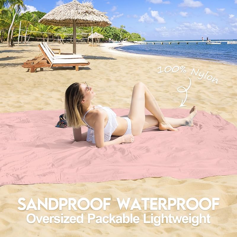 Beach Blanket 78'' x 110'' Waterproof Sandproof Oversized Nylon | Includes Stakes