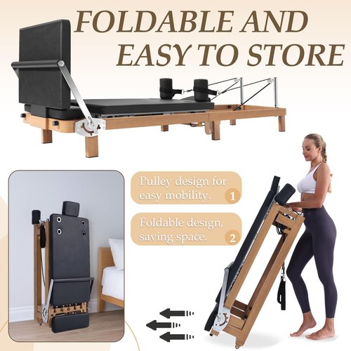 Foldable Pilates Reformer Machine, 90% Pre-Assembled Pro Pilates Equipment，Adjustable Spring + Latex Resistance, 88in Extended Imitation Wood Frame with Jumpboard for Home Gym Women Men Exercise Use