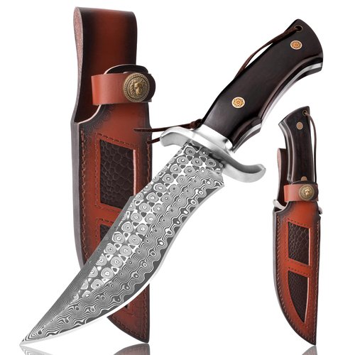 SPITZKANTE Damascus Hunting Knife P-S, 11.26" Damascus Fixed Blade Bowie Knife with Leather Sheath, Outdoor Survival Camping Hiking