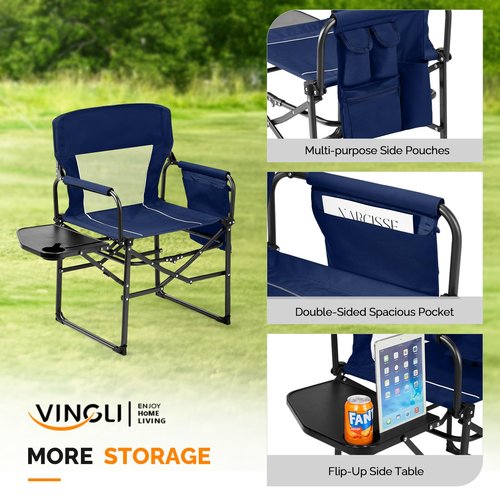 VINGLI Camping Chairs, Directors Chair, Camping Chair with Side Table & Carry Bag，Heavy Duty Camping Chairs for Adults,Portable Folding Camping Chair 2 Pack, for Beach, Fishing,Trip,Picnic,Lawn-Blue