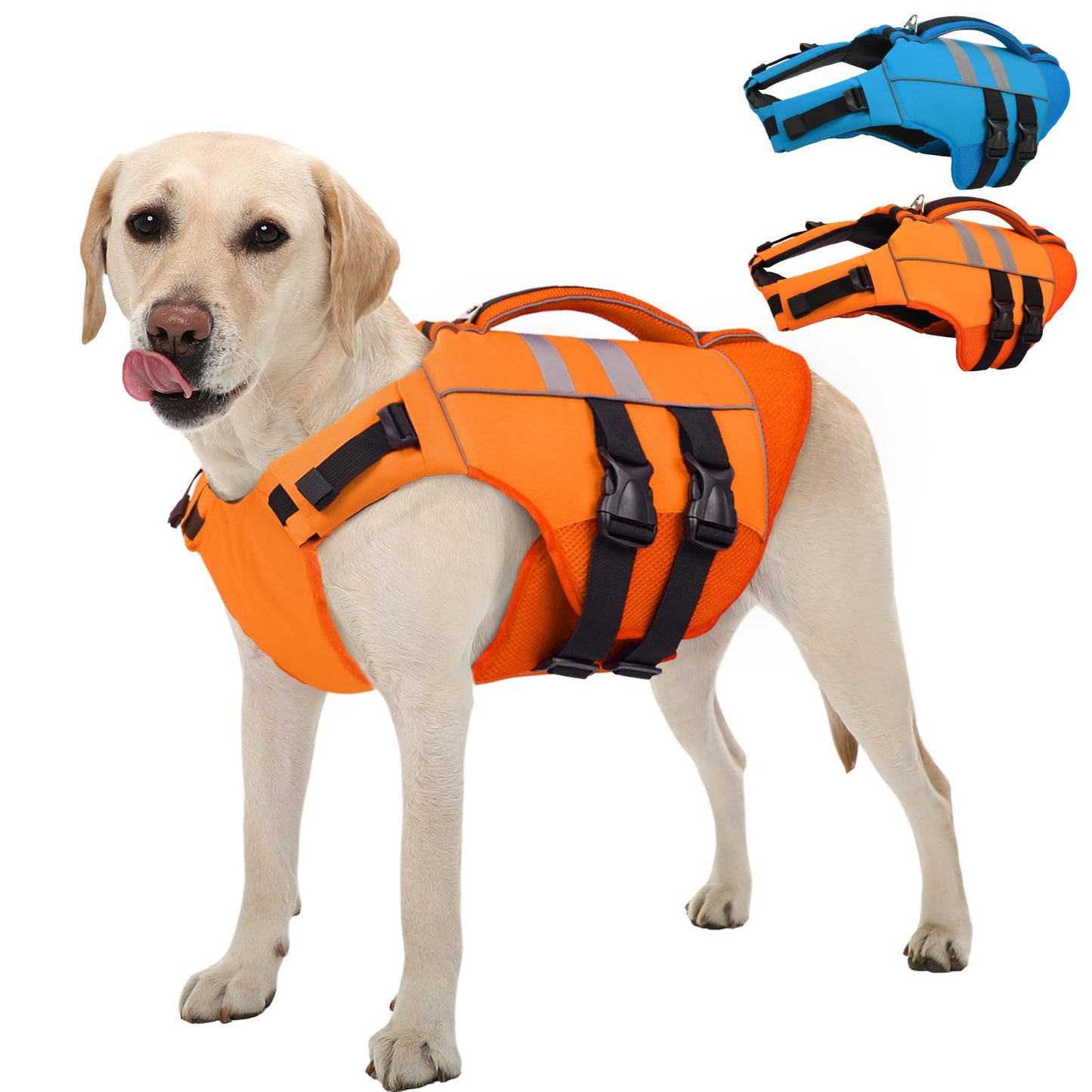 Kuoser Dog Life Jacket Large, High Flotation Puppy Safety Vest for Swimming Boating, Reflective Water Vest Pet Life Preserver with Rescue Handle, Orange L