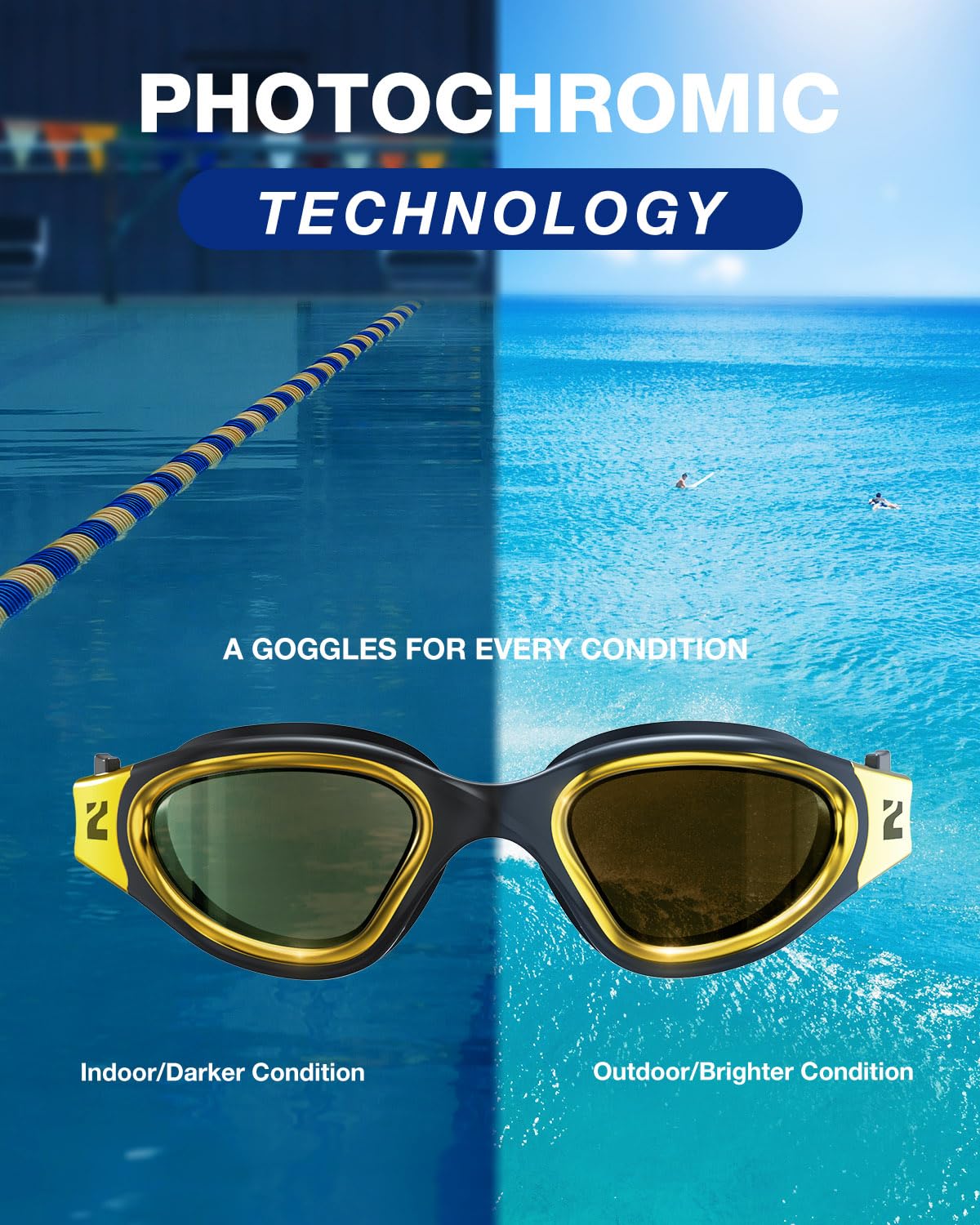 ZIONOR Swim Goggles, G1 ULTRA Photochromic Polarized Swimming Goggles for Men Women Adult, UV Protection Leakproof Easy Adjustable Strap for Indoor Outdoor Swimming (Polarized + Gold)