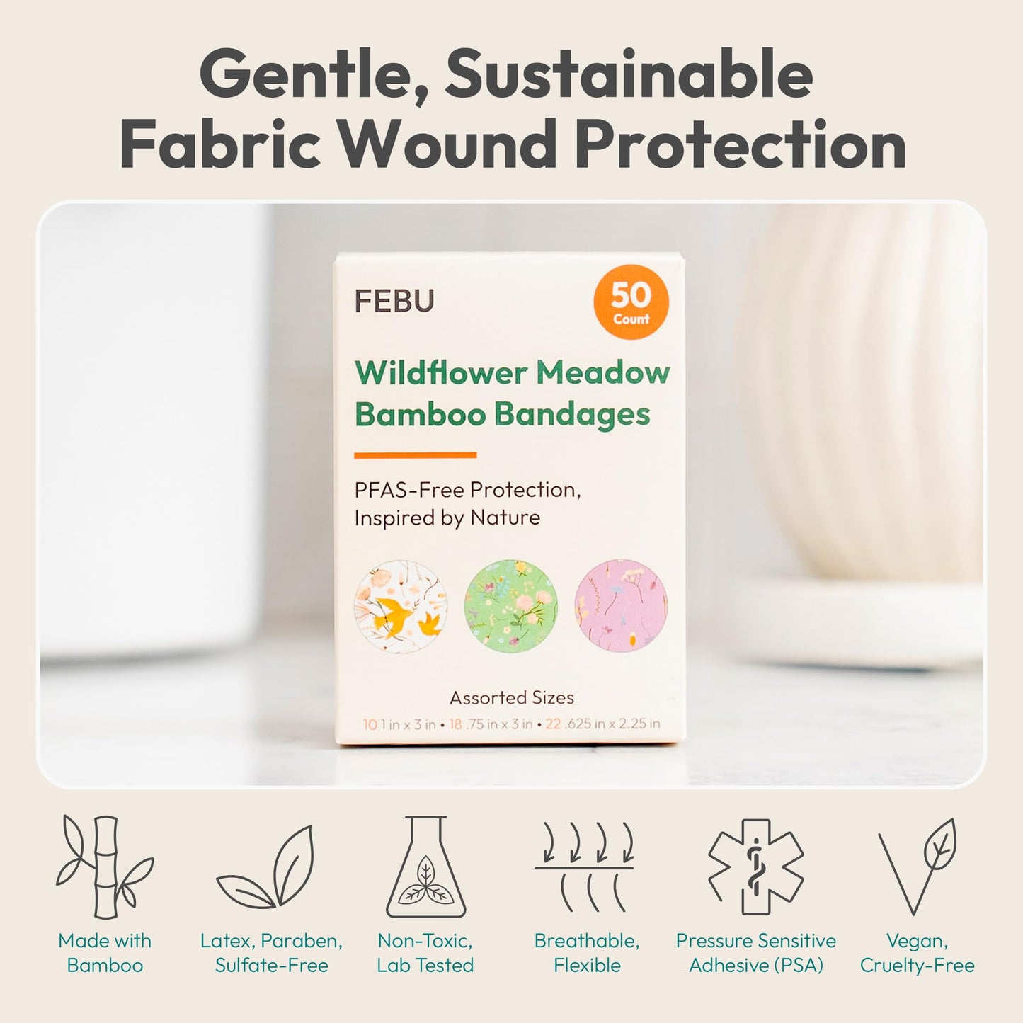 FEBU Wildflower Print Bamboo Fabric Bandages | PFAS Free Flexible Fabric Bandages | Natural Hypoallergenic Bandage for Scrapes, Cuts & First Aid | Compostable, Latex Free Bandage | 50 Count Strip