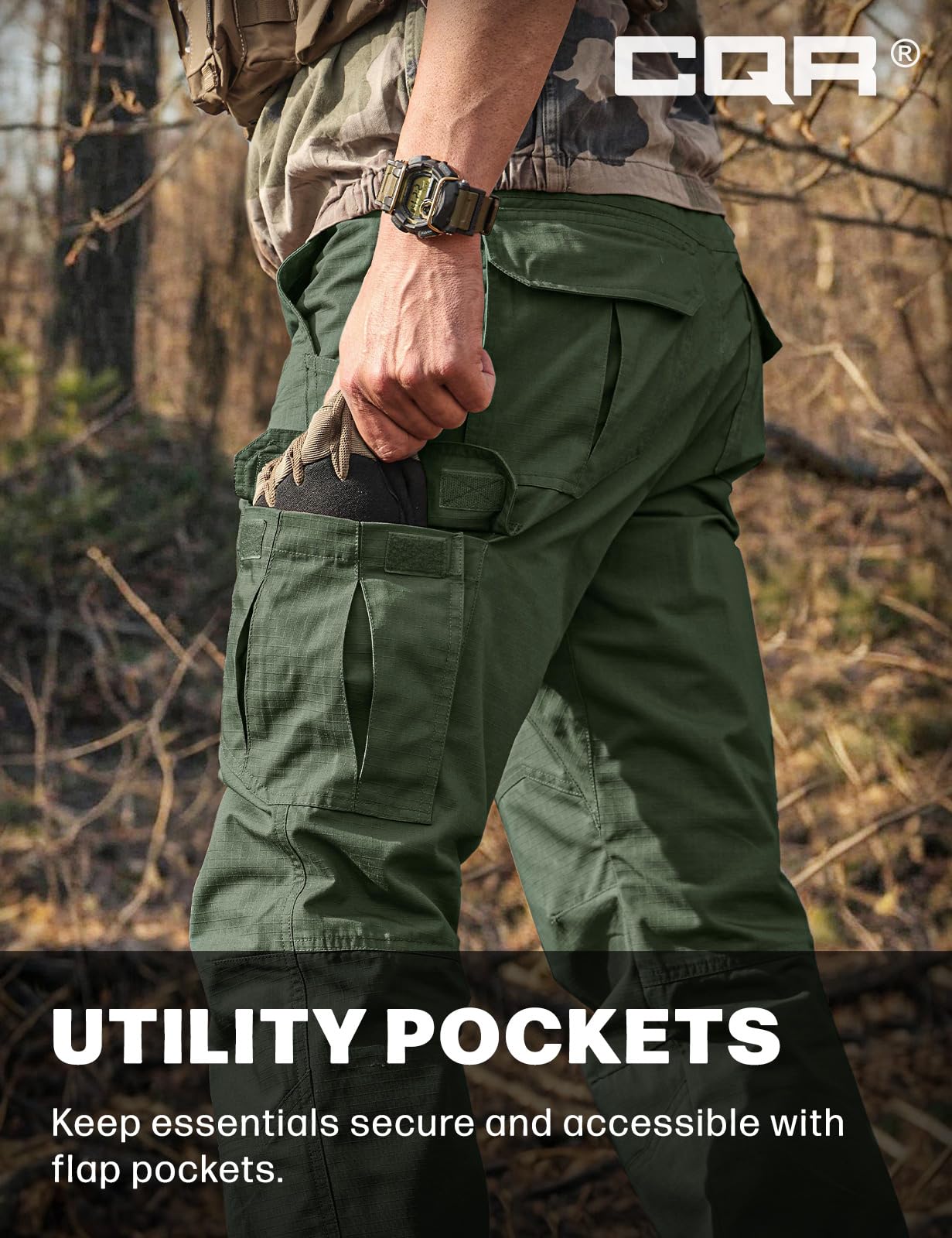 CQR Men's Tactical Pants, Water Resistant Ripstop Cargo Pants, Lightweight EDC Work Hiking Pants, Outdoor Apparel, Raider Green Kelp, 46W x 30L
