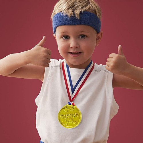 BoAn 36 Pieces Gold Plastic Winner Award Medals, Birthday Present for Kids, White and Blue Ribbon for Games Competitions, Sports, Tournaments, Competitions and Party Decorations, 1.4 x 1.7 Inches