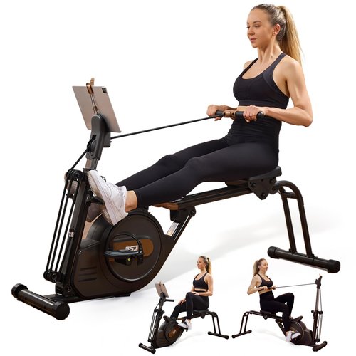 BSJ BESTGYM 3 in 1 Rowing Machine, Dual Slide Rail 6-Level Adjustable Height with Max 350lb Weight Capacity, Home Fitness Rower for Full Body Workout, App Compatible