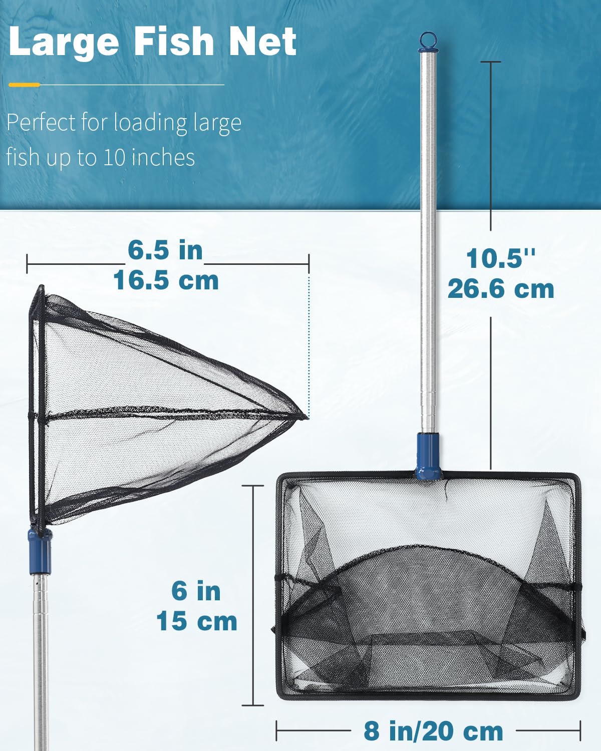 Pawfly Aquarium Fish Net with Telescopic Stainless Steel Handle 8 Inch Large Square Net with Soft Fine Mesh Sludge Food Residue Wastes Skimming Cleaning Net for Fish Tanks Small Koi Ponds and Pools