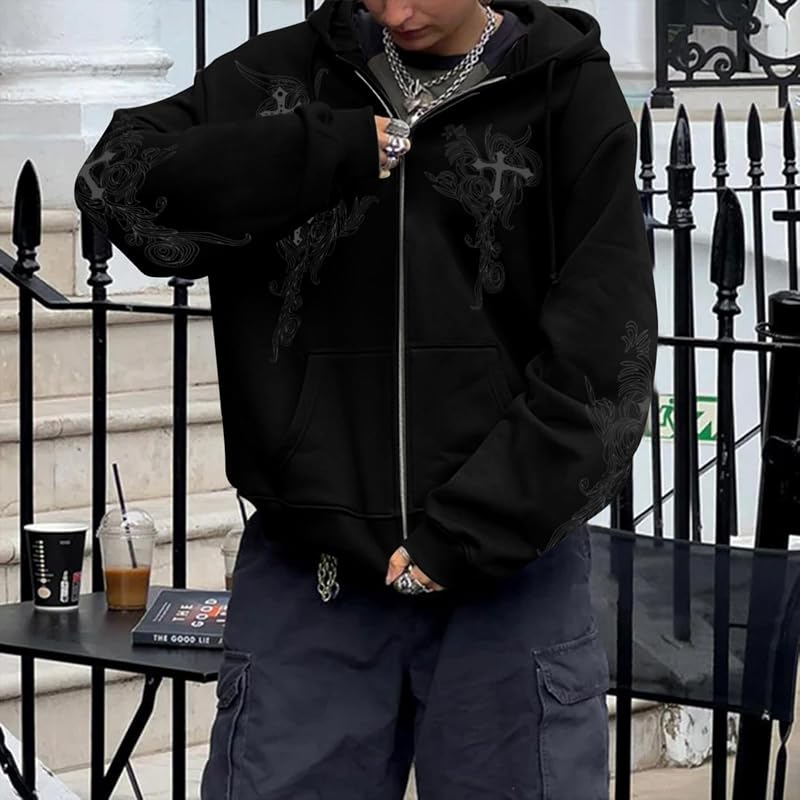 Black X-Large Zip Up Hooded Graphic Gothic Hoodie - Y2K Grunge Cross Design