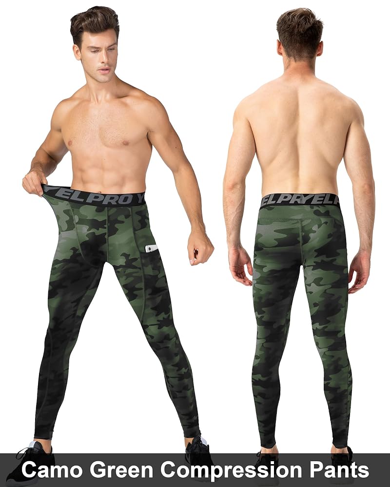 Compression Pants for Men with Phone Pocket - SPVISE 4-Way Stretch Run Tights Camouflage Green Large