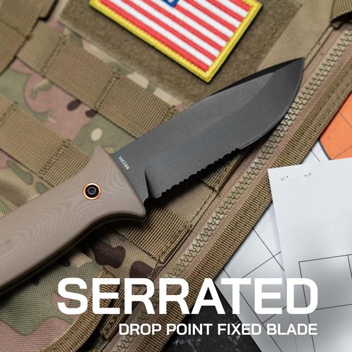 704 Gear Rogue Fixed Blade Knife | Serrated 4.5 inch 14C28N Steel Full Tang Blade, Textured G10 Handle, and Kydex Sheath with Carrying Clip | Black