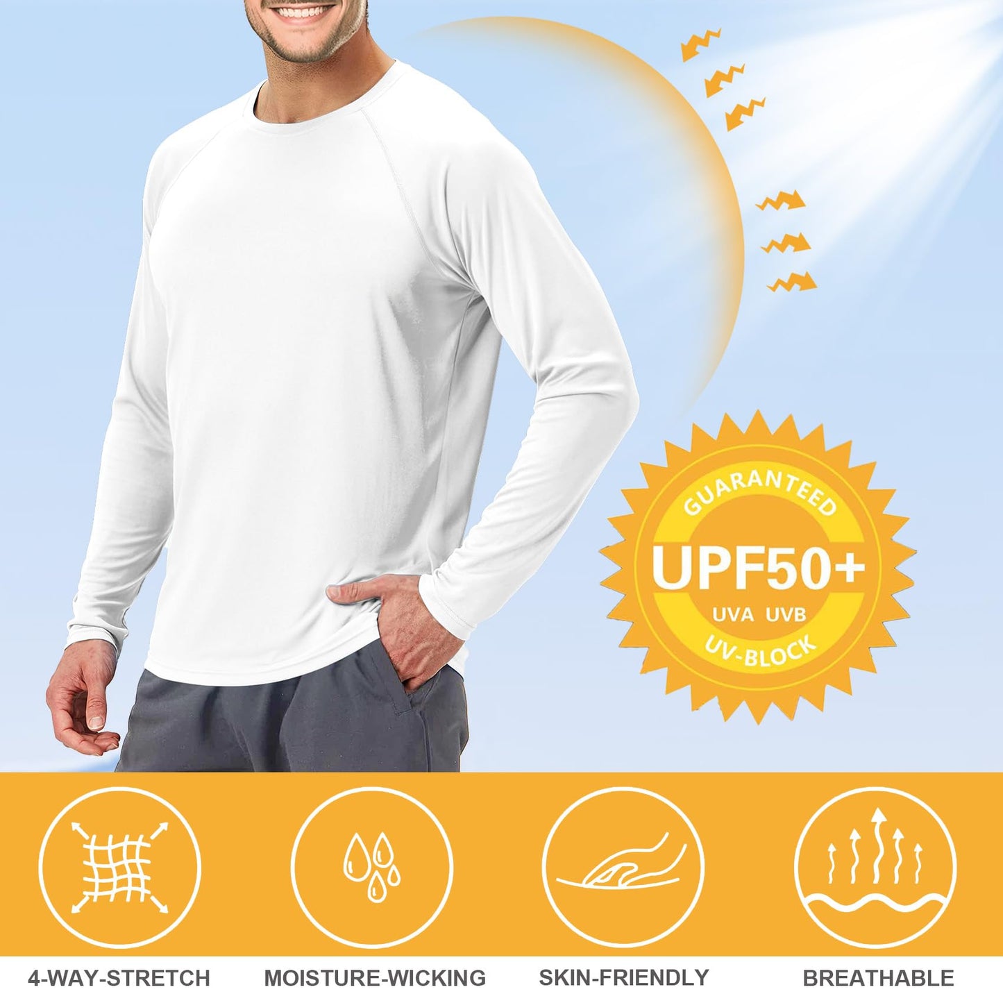 Men's UPF 50+ Swim Shirt Rash Guard Long Sleeve Quick Dry Lightweight SPF Sun Shirts for Hiking Fishing Running White L