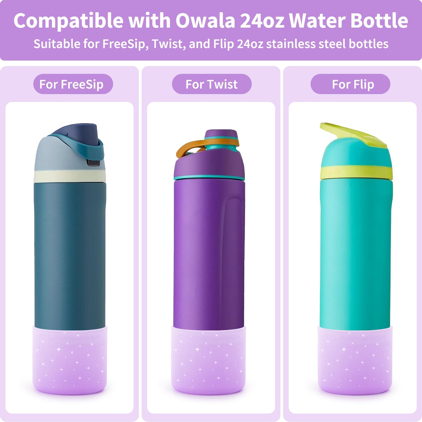 Diumepo Silicone Water Bottle Boot for Owala 24 oz 32 oz 40 oz, Anti-Slip Protective Sleeve for Owala Twist & FreeSip & Flip Stainless Steel Water Bottle, Boot Bottom Base(Glitter Purple)