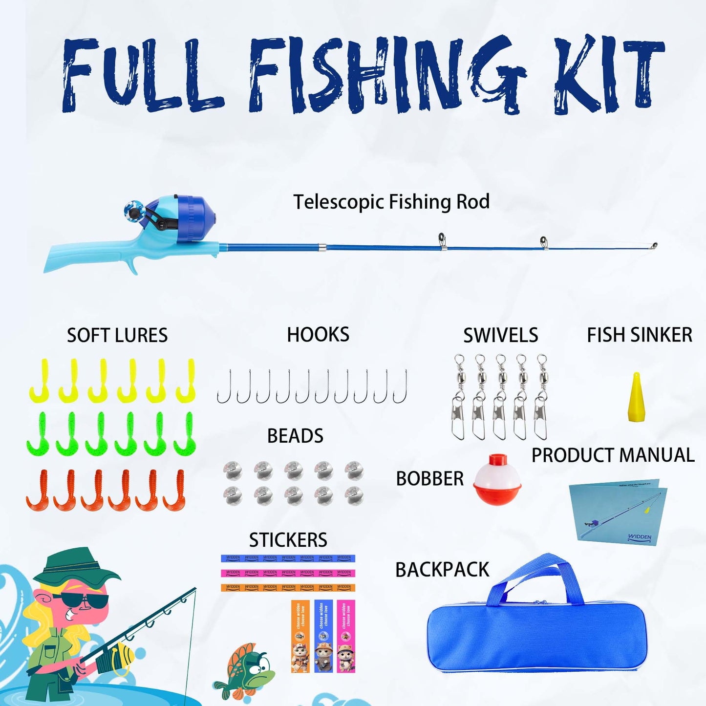 WIDDEN Kids Fishing Pole, Telescopic Fishing Rod, Toddler Collapsible Fishing Rod and Reel Combo with Tackle Box, Fishing Line, Bobber, and Soft Lures for Boy, Girl, Youth, Beginner, Over 3 Years Old