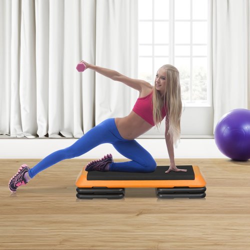 Aerobic Exercise Step Platform, Adjustable Height Compact Workout Stepper with 4 Risers for Home, Fitness, Gym, Strength Training, 4" - 6" - 8", 43 Inch (Yellow)