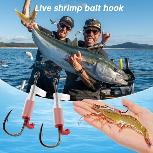 OIEKUN 10Pcs 2/0 Luminous Live Shrimp Hooks,Holes with Night Light Fishing Hooks High Carbon Steel Barbed with Barbed,Saltwater Corrosion-Resistant for Freshwater & Saltwater Fishing