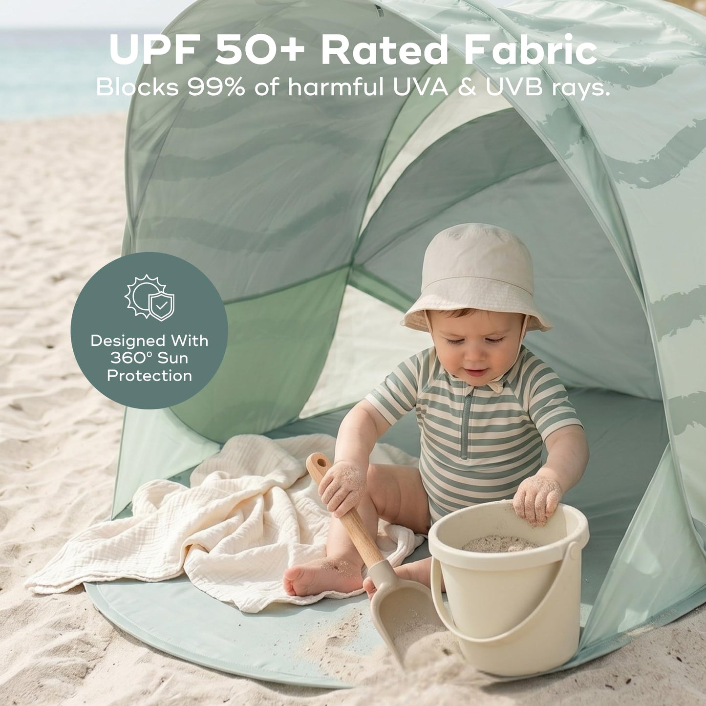 Babymoov Moov & Protect Anti-UV Cooling Beach Tent for Babies with Integrated Mosquito Net, Portable, Green Lagoon (Summer 2025 Edition)