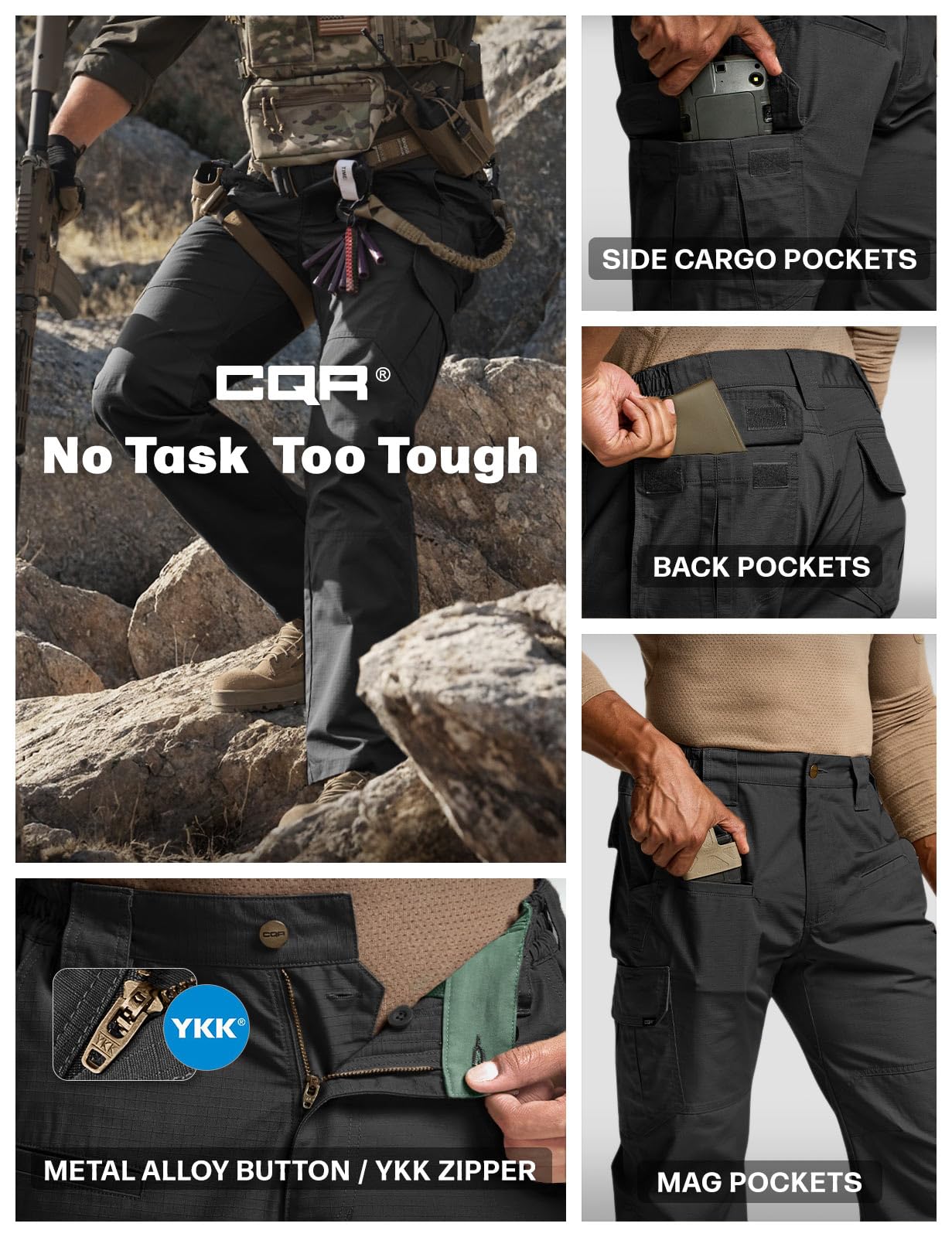 CQR Men's Tactical Pants, Water Resistant Ripstop Cargo Pants, Lightweight EDC Work Hiking Pants, Outdoor Apparel, Raider Black, 40W x 34L