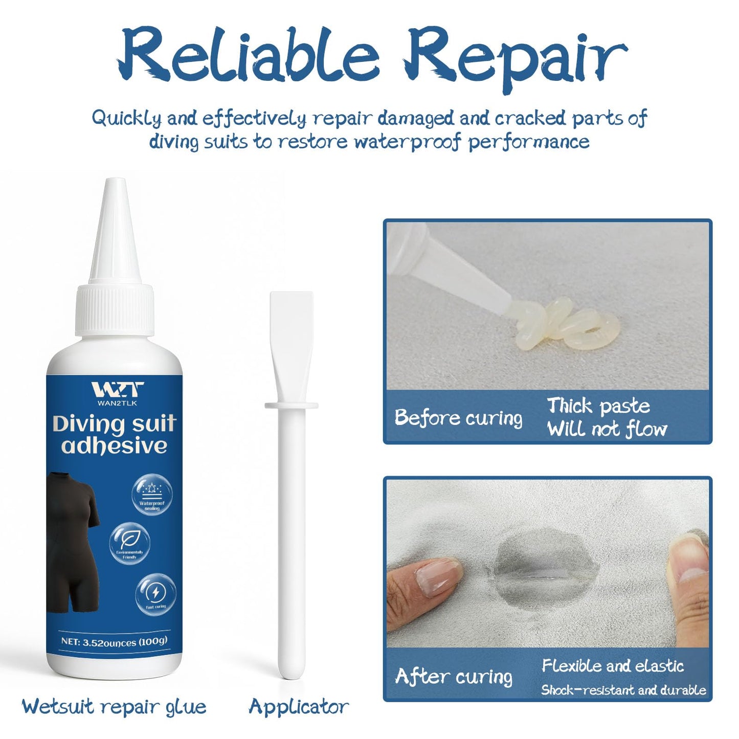 WAN2TLK Wetsuit Repair Kit, 100g Wetsuit Glue & Applicator, Quick Permanent Fix Wader Patch Kit for Wetsuits, Neoprene, Diving Suits, Waders