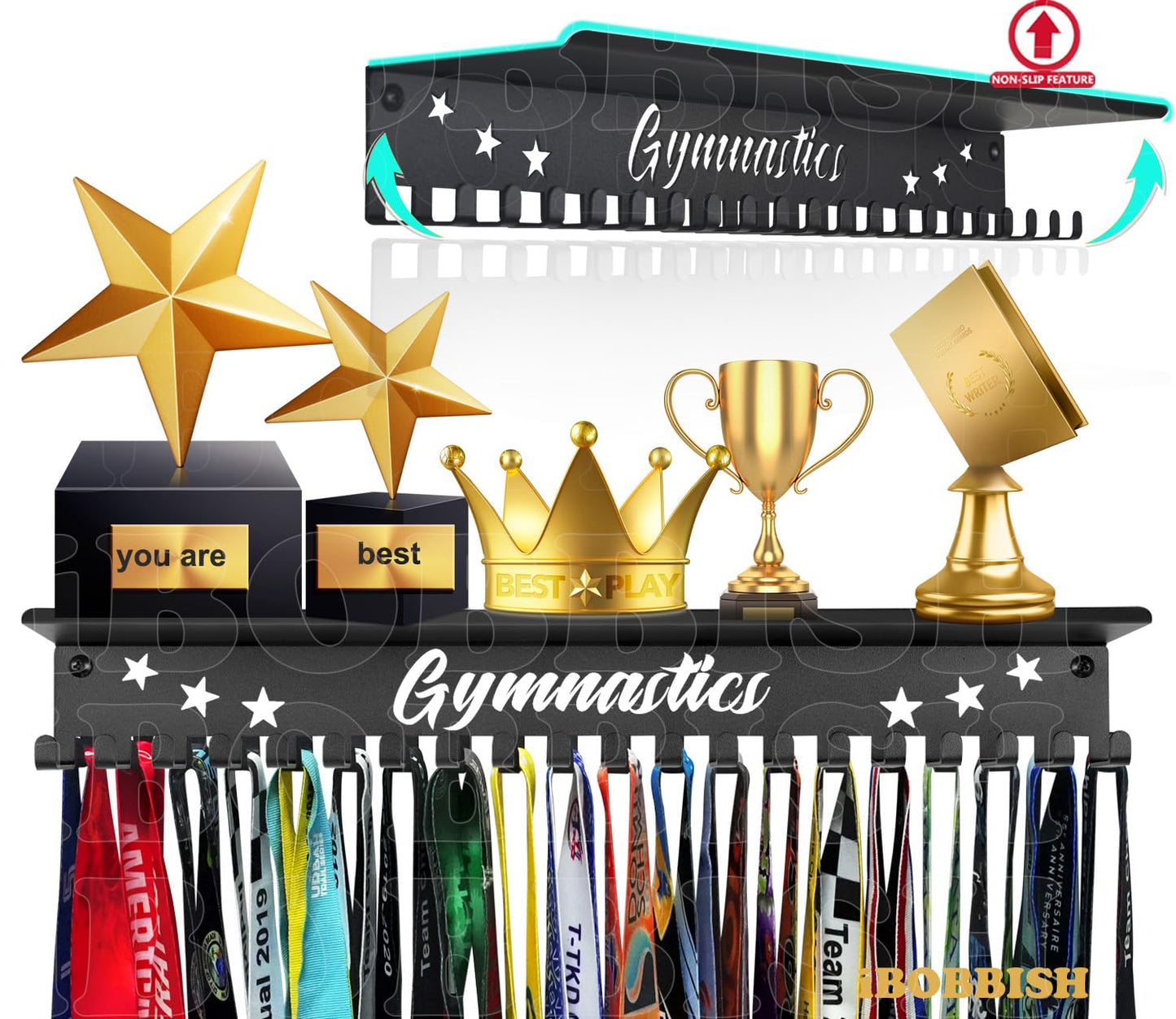 iBobbish Non-Slip Medal Hanger Display Trophy Shelf,Medal Hanger Display for Wall with 16inchL,Race Medal Display Upgraded Medal Holder Display for gymanstics,Race,Soccer,Swim