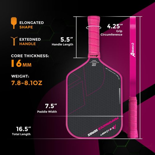 AKS Performance Series Pickleball Paddle - Toray T700 Carbon Fiber Surface, 16mm Polymer Core, High Control & Spin, USAPA Approved - Pink