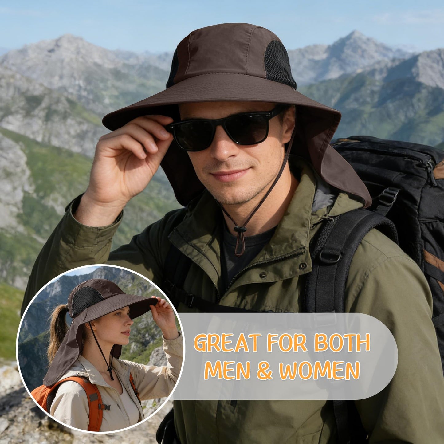 Sun Hat for Men Women with Neck Flap,UPF 50+ UV Protective Hiking Fishing Hats,Wide Brim Sun Hat for Women&Men