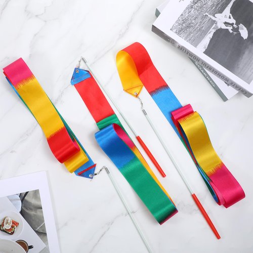 Piriuuo 3 Pcs Dance Ribbons for Kids, 78.7 Inch Ribbon Dancer Wand for Kids Rhythmic Gymnastics Ribbon Sparkling Rainbow Twirler Stick for Fits Artistic Dancing Gymnastics, Outdoor Play, Talent Shows