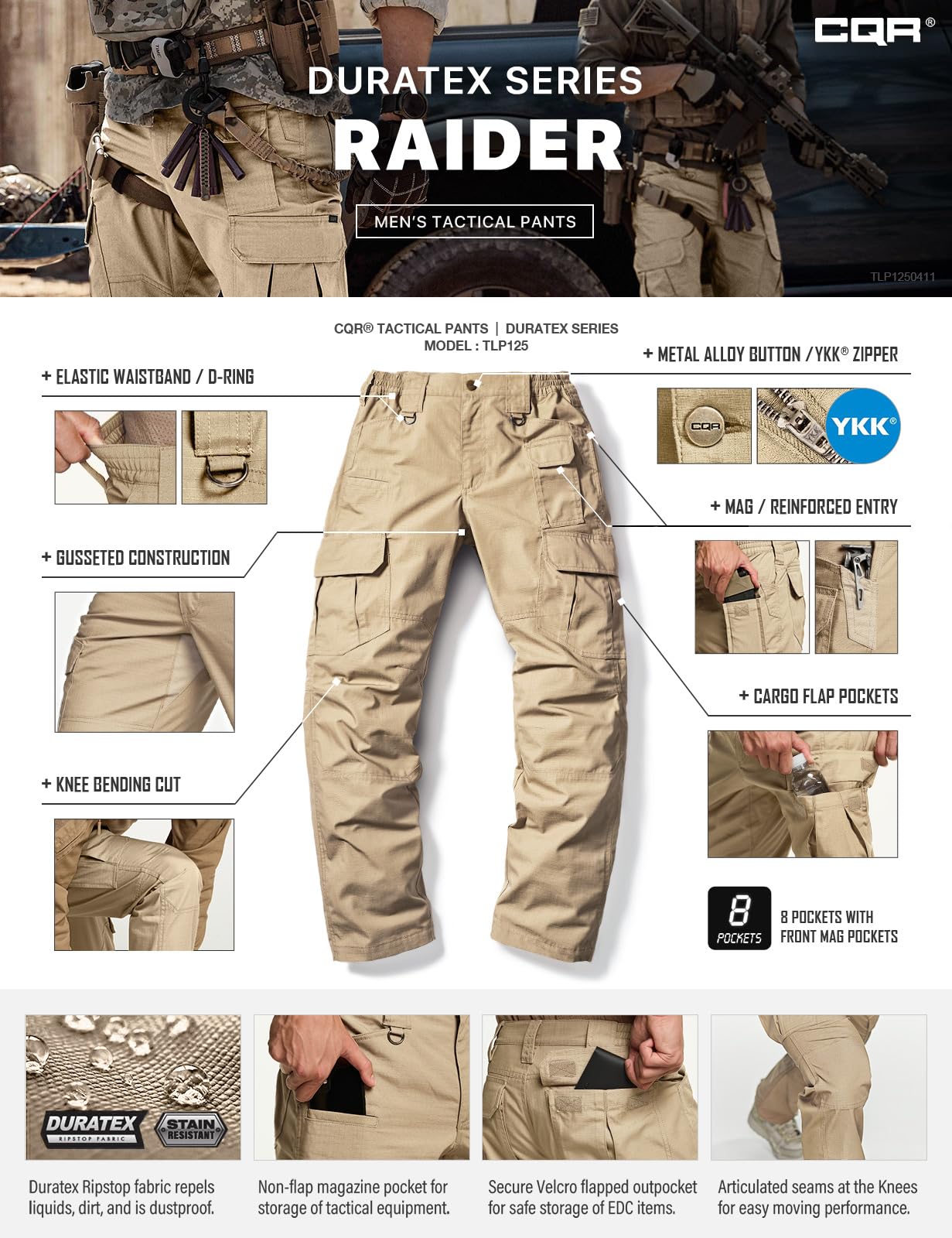 CQR Men's Tactical Pants, Water Resistant Ripstop Cargo Pants, Lightweight EDC Work Hiking Pants, Outdoor Apparel, Duratex Mag Pocket Khaki, 36W x 30L