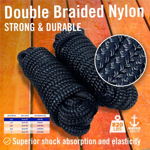 Dock Lines Boat Ropes for Docking, 3/8" Double Braided Mooring Marine Rope, 15ft Nylon Rope with Loop, Black, 2 Pack