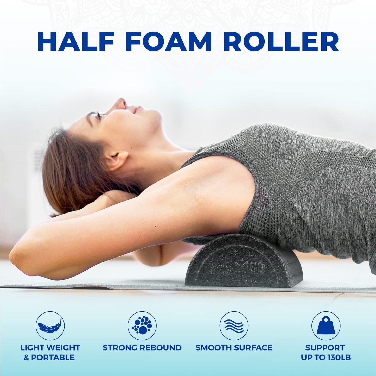 Yes4All Half Foam Roller, EPP High-Density Material, High Firmness Level, Back Roller for Athlete & Professional, Suitable for Back, Stretching, & Pilates, 12/18/24/36 inch, Black, 24 inch