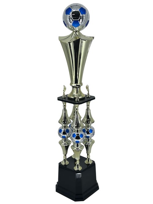 Express Medals Deluxe Soccer Championship Trophy, 41-Inch Gold Tower with Silver Blue Ball Accents, 4-Tier Design