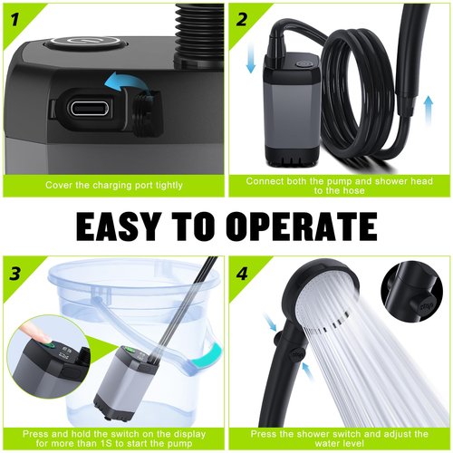 Spopal Portable Shower for Camping, [Long-Lasting] 6000mAh Rechargeable Camping Shower with Intelligent LED Display, 4 Spray Modes, IPX7 Waterproof Outdoor Camp Pump for Hiking, Travel, Car, Pet