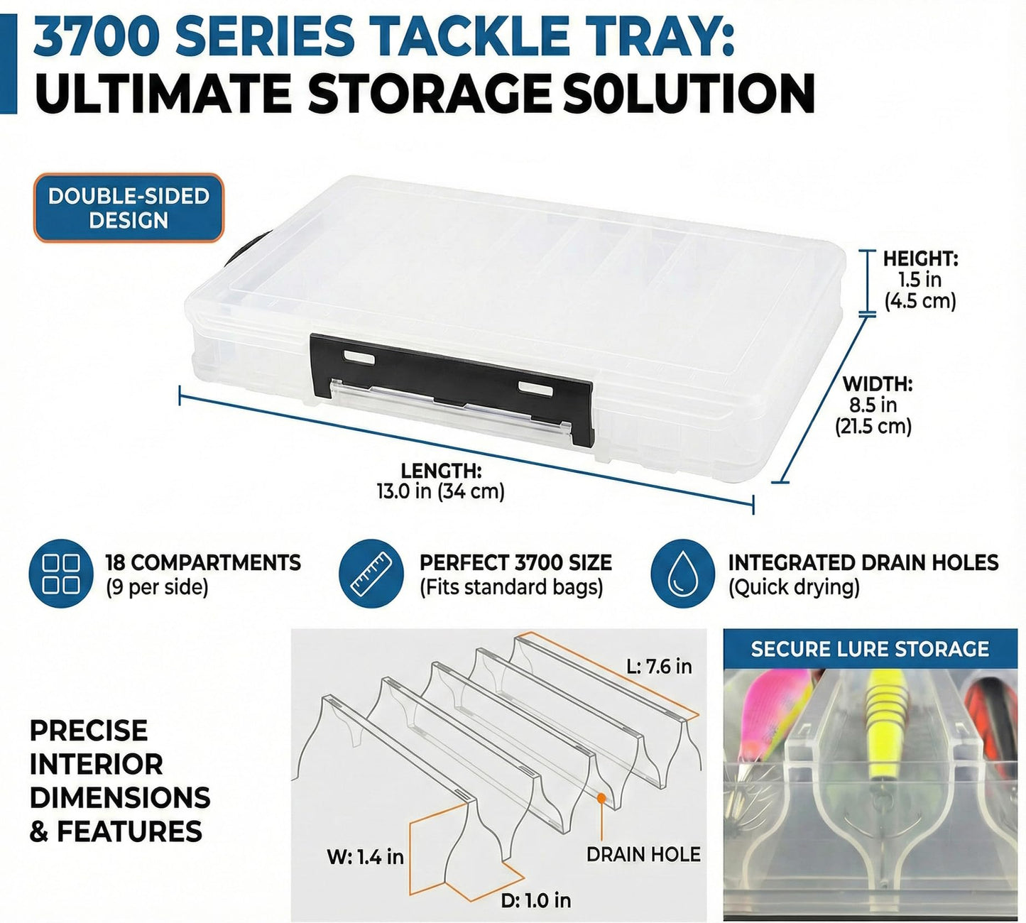 Fishing Lure Box Double-Sided: 3 Packs Large Saltwater Lure Storage Fishing Tackle Box for Crankbait Jerkbait Squid Jig Case Organizer - 18 Grids (Clear)