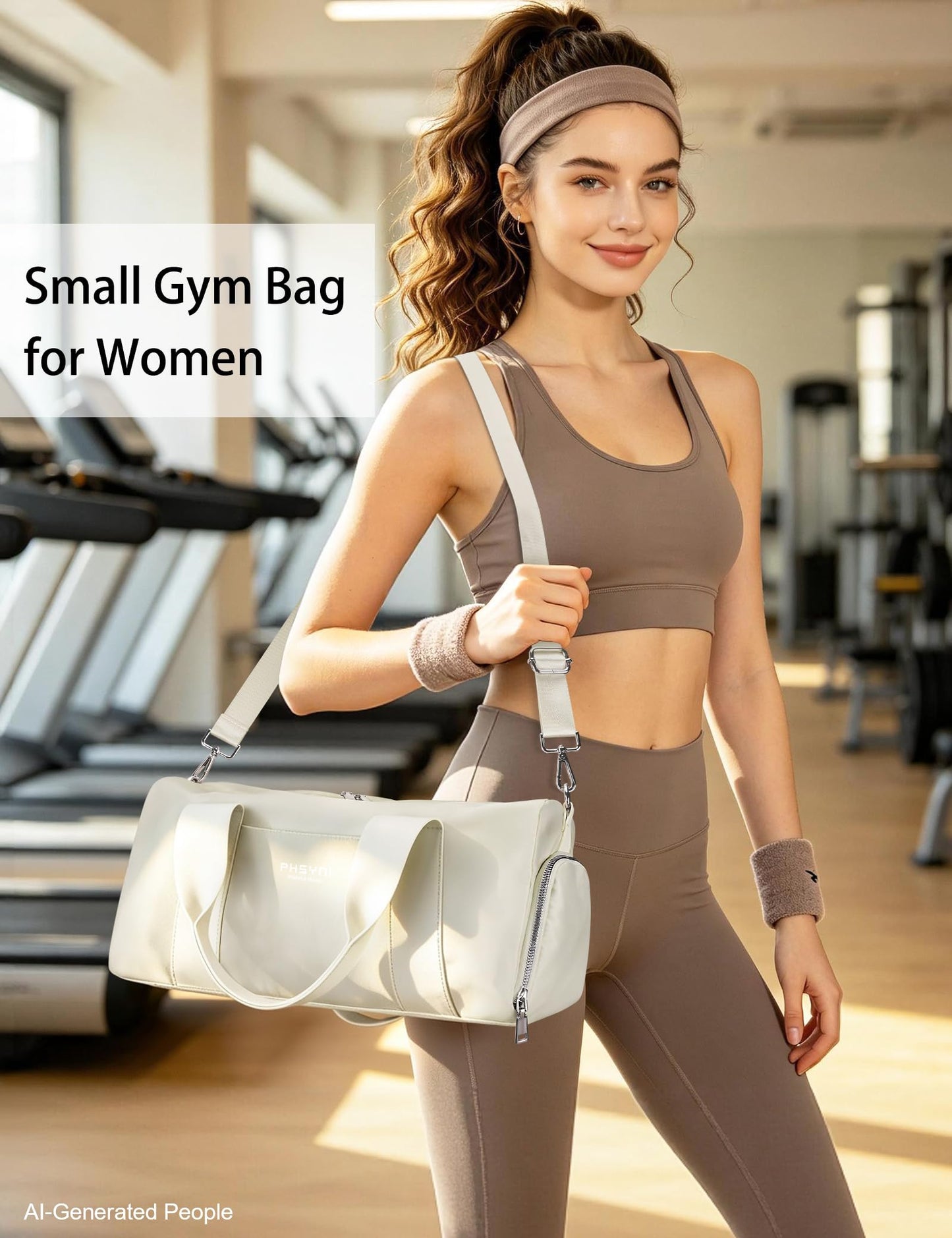 Sports Small Gym Bag for Women, Cute Mini Duffle Bag with Wet Pocket & Shoes Compartment, Personal Item Travel Workout Bag, 16"-Small, Beige