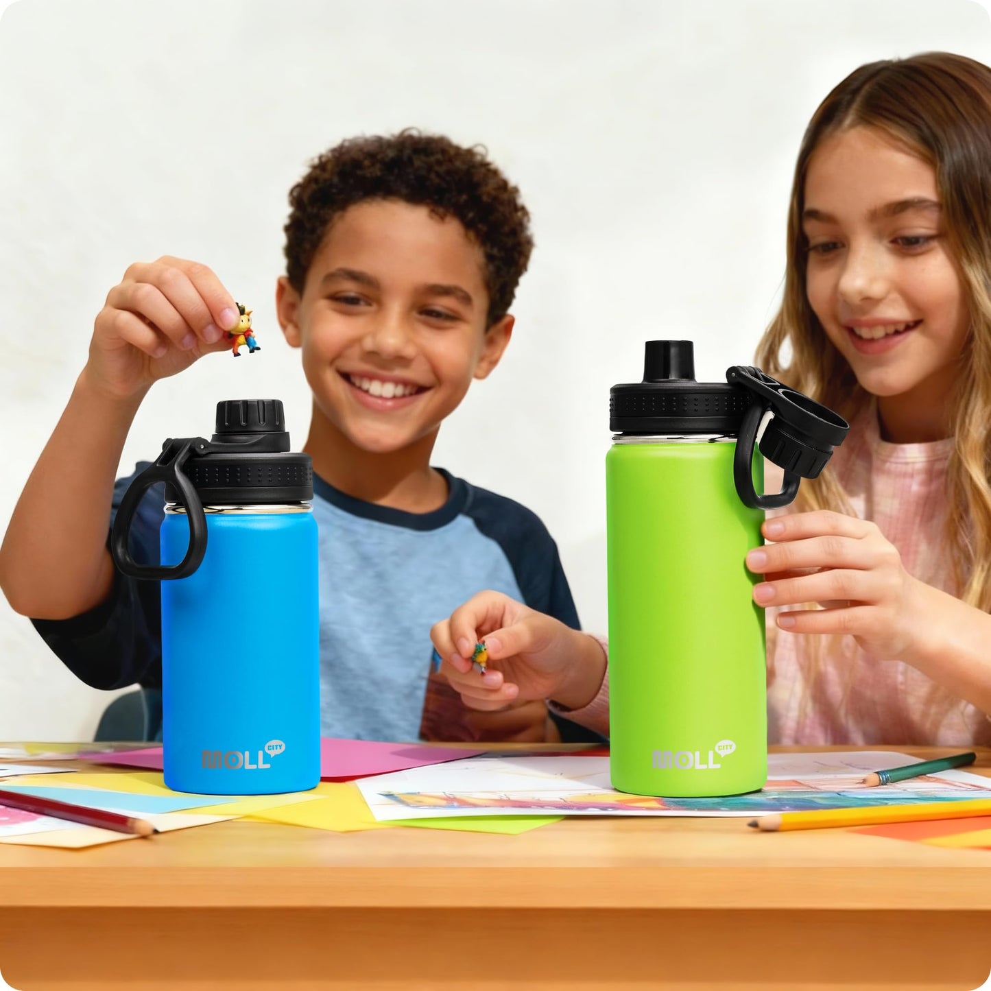 Mollcity Kids Water Bottle with Spout Lid-12 oz Small Insulated Sports Water Bottle for School-Reuasble Stainless Steel Vacuum Travle Leak Proof Water Flask (Sky Blue)