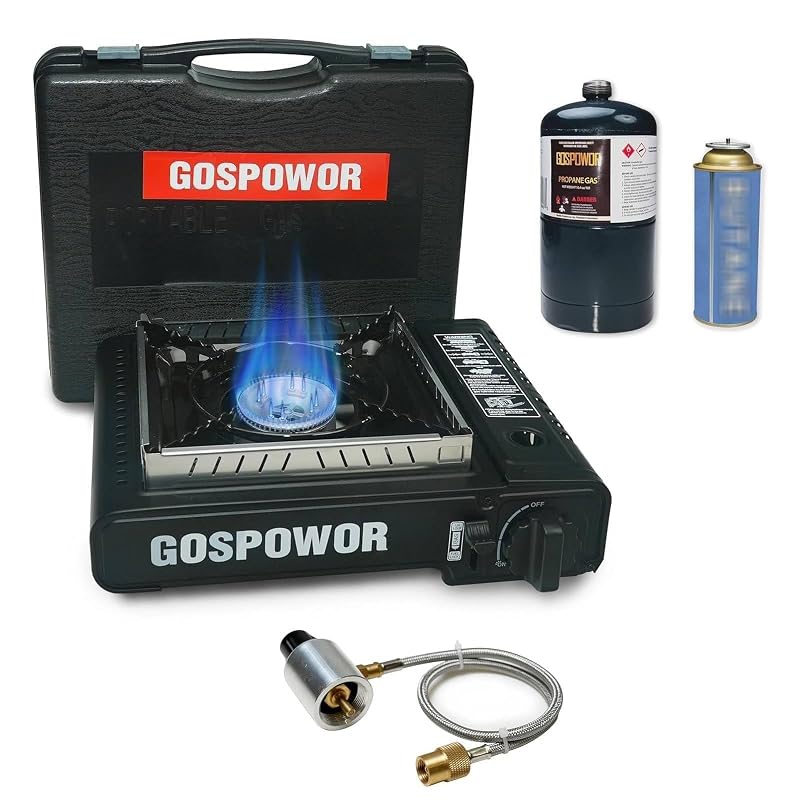 Dual Fuel Portable Camp Stove 10,000 BTU with Auto Ignition, Windblocker - Includes Hose & Case (Variation: Black) — Fuel Not Included