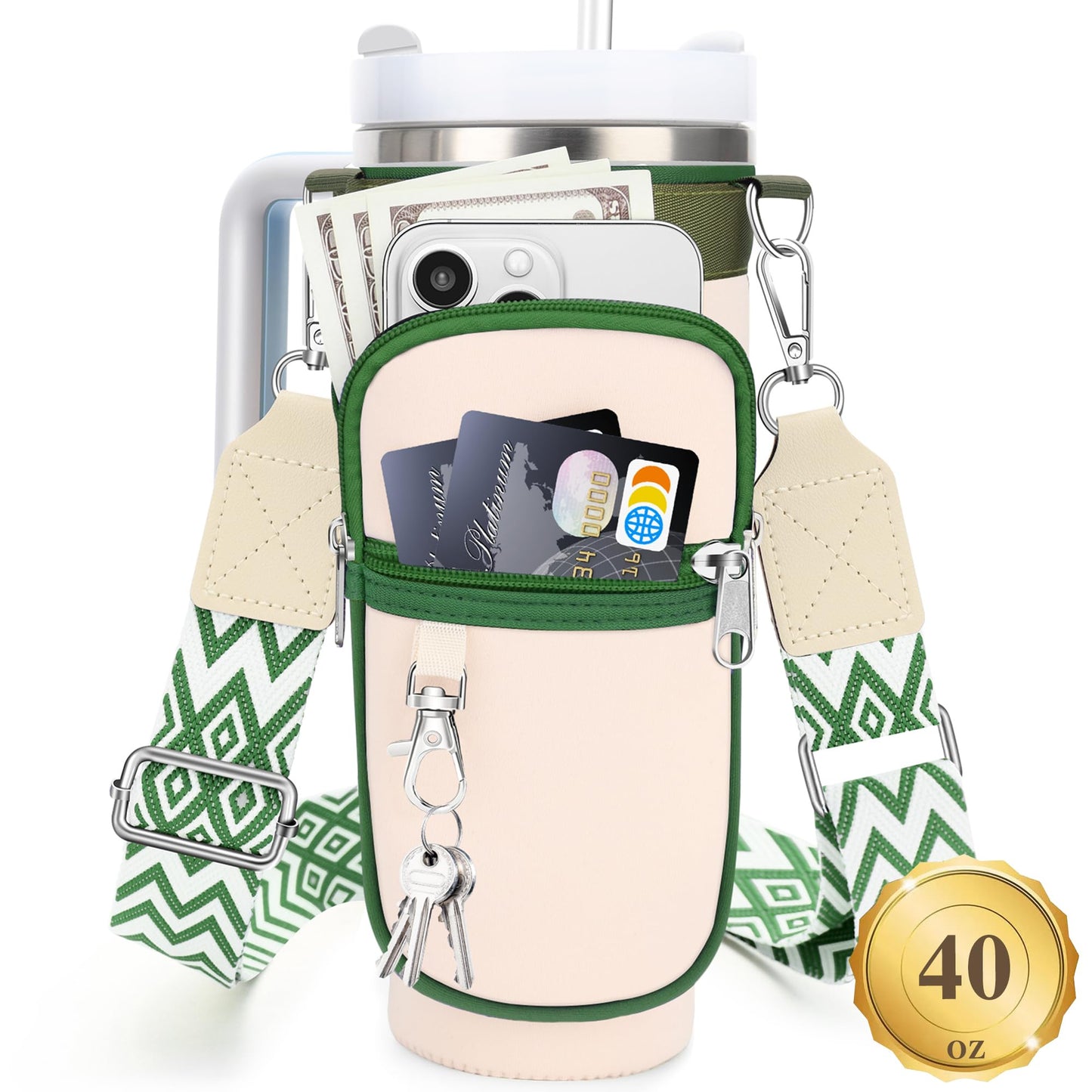 Water Bottle Carrier Bag with Canvas Shoulder Strap for Stanley 40 oz Tumbler with Handle, Water Bottle Holder Pouch with 6.7'' Phone Pocket for Stanley Cup Accessories, Birthday Gifts for Men Women