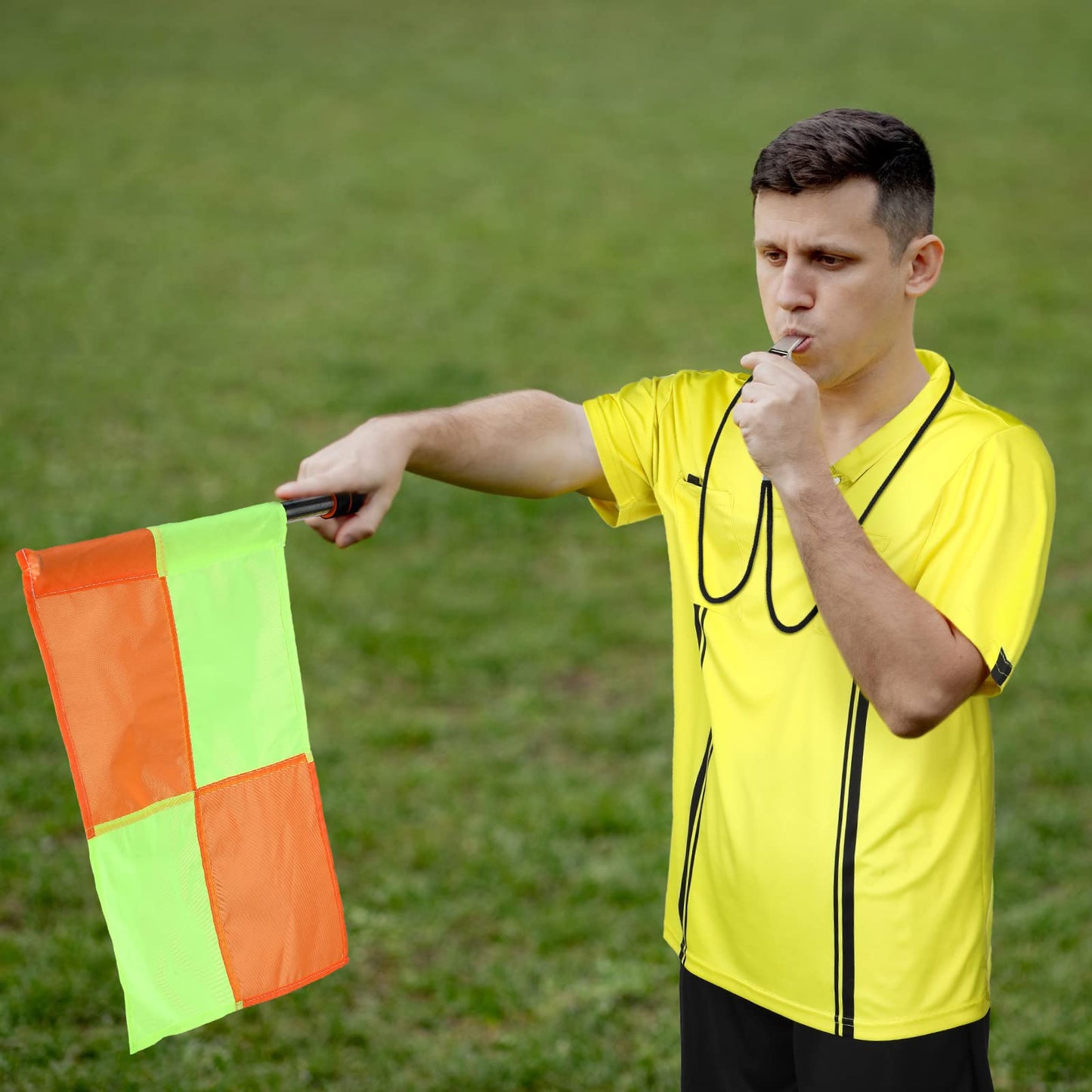 Hicarer 6 Pcs Soccer Referee Kit Football Package for Men Soccer Referee Costume Shirt Linesman Flags Whistle Cards Sport Accessory for Adult Teenager(Small)