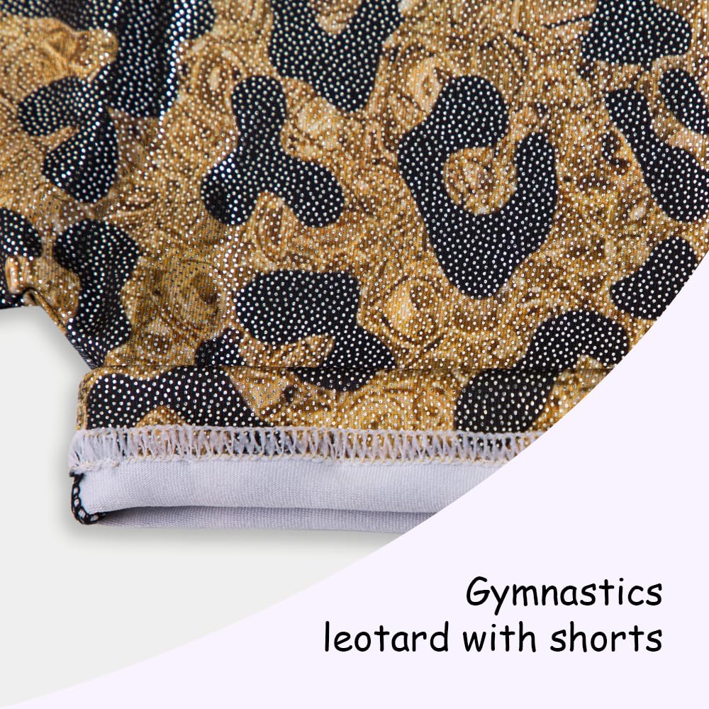 Gymnastics Leotards for Girls Toddler Ballet Dance Tumbling Outfits 9 10 Kids Sleeveless Gymnastic Biketard with Shorts Sparkly Dancwear Unitards Clothes Bodysuit (Gold Leopard, 9-10 Years)